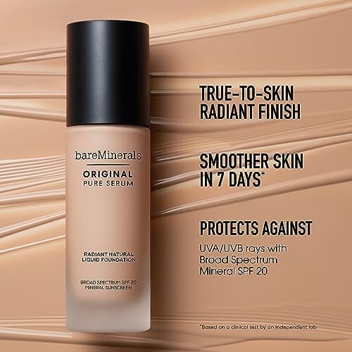 كريم أساس سائل طبيعي مشع من بار مينيرالز أوريجينال بعامل حماية من الشمس bareMinerals Original Pure Serum Radiant Natural Liquid Foundation Mineral SPF 20 Deep Cool 6