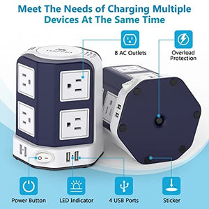 محطة شحن مكتبية ذات قابس مسطح  Tower Surge Protector Power Strip 10 FT Cord with USB Ports, HAFINO Extension Cord with Multiple Outlets, 8 Outlets with 4 USB Ports, Flat Plug Desk Charging Station, Home Office Dorm Room Essentials