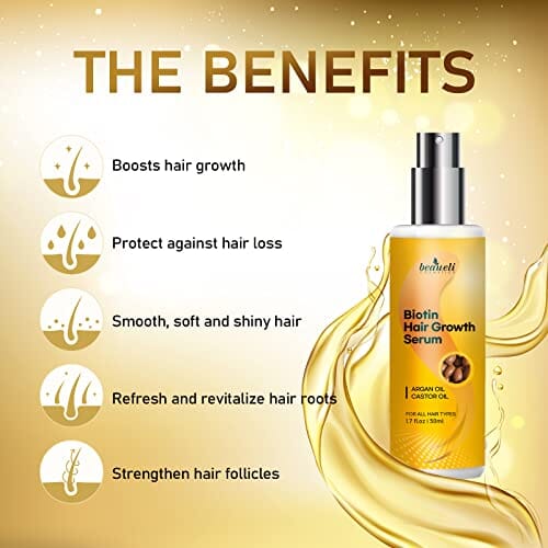 سيروم بيوتين لنمو الشعر بزيت الخروع وزيت الأرغان Biotin Hair Growth Serum with Castor Oil, Argan Oil - Hair Loss Prevention Treatment with Hair Regrowth Formula for Women by Beaueli