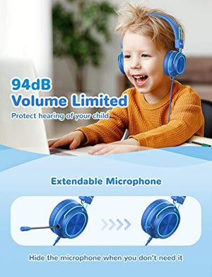 سماعات رأس للأطفال مع ميكروفون للمدرسة الافتراضية iClever HS21 Kids Headphones with Microphone for Virtual School- Rotatable Extendable Mic - 94 dB Volume-Safe Headphones for Kids, Wired Foldable Kids Gaming Headset for PS4/Xbox One/Switch/PC/Tablet