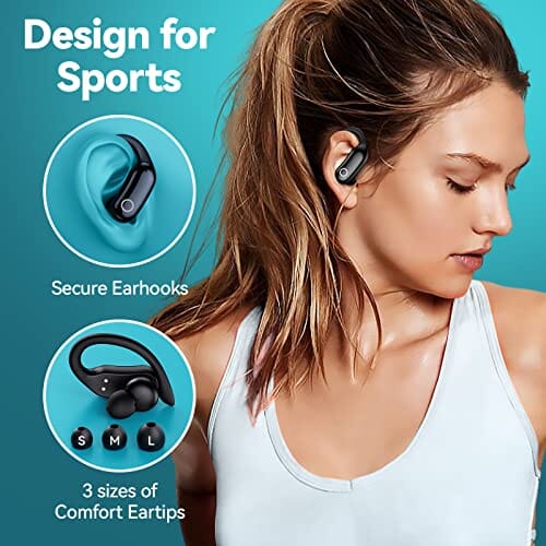 سماعات بلوتوث سماعات أذن لاسلكية GNMN Bluetooth Headphones Wireless Earbuds 48hrs Playback IPX7 Waterproof Earphones Over-Ear Stereo Bass Headset with Earhooks Microphone LED Battery Display for Sports/Workout/Gym Black