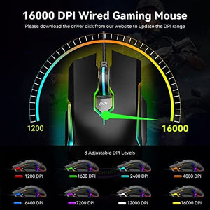 ماوس العاب سلكي تكنيت TECKNET RGB Wired Gaming Mouse with 11 Backlit Modes, 8-Level 16,000 DPI Adjustable, PC Gaming Mice with 9 Programmable Buttons, Ergonomic LED Backlit Computer USB Mouse for Laptop/PC/Windows/Gamer