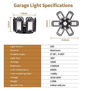 مصباح سقف Rufbjkd LED Garage Light, 200W LED Shop Light, Super Bright Deformable LED Garage Ceiling Light with 6 Adjustable Panels, Ideal for Workshop/Attic/Barn/Basement (2 Pack)