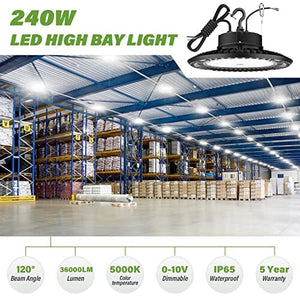 أضاءة  BFT LED High Bay Light 240W UFO 5000K 36,000LM,1-10V Dimmable,1000W HID/HPS Replacement,UL 5-Foot Cable,UL Certified Driver IP65,Hook Mount,Shop Lights,Garage,Factory,Warehouse,Workshop,Area Light.