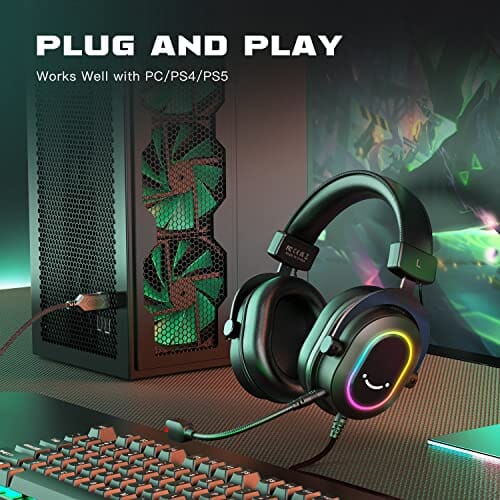 سماعة الألعاب سماعات الرأس السلكية للكمبيوتر الشخصي  FIFINE Gaming Headset for PC-Wired Headphones with Microphone-7.1 Surround Sound Computer USB Headset for Laptop, Streaming Headphones on PS4/PS5, with EQ Mode, RGB, Soft Ear Pads - AmpliGame H6