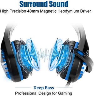 سماعة رأس ستيريو للألعاب لنينتندو سويتش DIWUER Stereo Gaming Headset for Nintendo Switch, PS4, Xbox One with Noise Cancelling Mic, Soft Earmuffs Surround Sound Over Ear Headphones with LED Light for PC, Mac, Laptop (Blue)