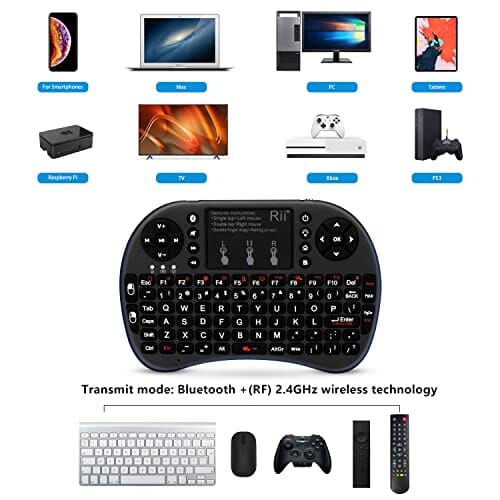 لوحة مفاتيح بلوتوث لاسلكية صغيرة مع لوحة لمس Rii Mini Wireless Bluetooth Keyboard with Touchpad, Support Bluetooth +(RF) 2.4GHz Wireless Connection for Smartphones, PC, Tablet, Laptop TV Box iOS Android Windows Mac.Black