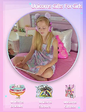 سماعات بوم للأطفال مع ميكروفون Kids Pom Headphones with Mic for Travel/Car/Plane,Added 85DB Limit Function&Shareport,Unicorns Gifts for Girls,On/Over Ear HD Stereo Wired Headsets with Nylon Cable-Hot-purple