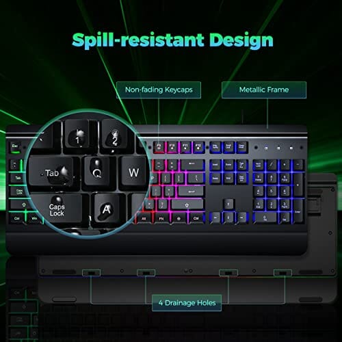 لوحة مفاتيح معدنية بالكامل Dacoity Gaming Keyboard, 104 Keys All-Metal Panel, Rainbow LED Backlit Quiet Computer Keyboard, Wrist Rest, Multimedia Keys, Anti-ghosting Keys, Waterproof Light Up USB Wired Keyboard for PC Mac Xbox