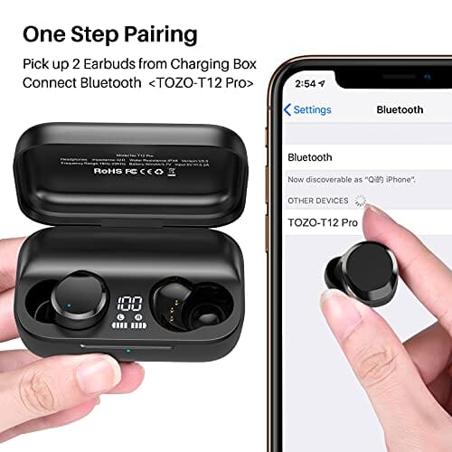 سماعات أذن لاسلكية مزودة بتقنية البلوتوث TOZO T12 Pro Wireless Earbuds Bluetooth Headphones with Qualcomm QCC3040 4 Mics CVC 8.0 Call Noise Cancelling and aptX Stereo Headset 2500mAh Wireless Charging Case IPX8 Waterproof Earphones Black