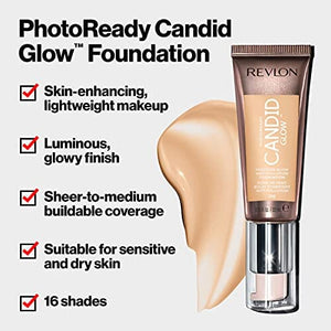 كريم أساس كانديد جلو مويستشر جلو مضاد للتلوث من ريفلون Revlon PhotoReady Candid Glow Moisture Glow Anti-Pollution Foundation with Vitamin E & Prickly Pear Oil, Anti-Blue Light Ingredients, without Parabens, Pthalates, & Fragrances, Honey Beige, 0.75 oz