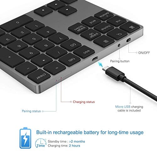 لوحة مفاتيح رقمية لاسلكية قابلة لإعادة الشحن Bluetooth Number Pad, Lekvey Aluminum Rechargeable Wireless Numeric Keypad Slim 34-Keys External Numpad Keyboard Data Entry Compatible for Macbook, MacBook Air/Pro, iMac Windows Laptop Surface Pro etc