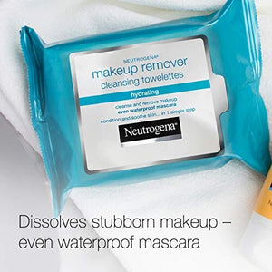 مناديل نيوتروجينا المرطبة والمزيلة لمكياج الوجه Neutrogena Hydrating Makeup Remover Face Wipes, Pre-Moistening Facial Cleansing Towelettes to Condition Skin & Remove Dirt, Oil, Makeup & Waterproof Mascara, Alcohol-Free, Value Pack 25 ct