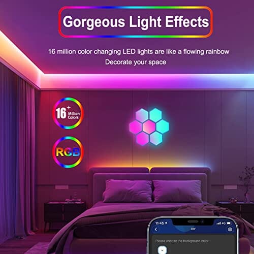 لوحات إضاءة سداسية الأضلاع Hicsezvy Hexagon Light Panels,RGB Hexagon Lights DIY Modular Wall Lights with Remote,Smart App Control,Music Sync,Timing Function,16 Million Colors,LED Hex Gaming Lights for Bedroom Bar Decor,7 Pack