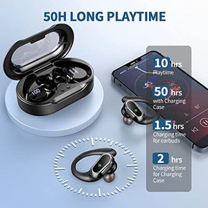 سماعات أذن لاسلكية تعمل بتقنية البلوتوث Wireless Earbuds Headphones Bluetooth 5.3, 50H Playtime Over Ear Buds with Noise Cancelling Mic, LED Display, Stereo Bass Bluetooth Earbuds with Earhooks, IP7 Waterproof Earphones for Sports Workout