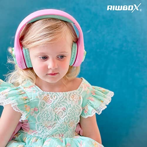 سماعات رأس للأطفال الصغار للمدرسة مع ميكروفون Riwbox Kids Bluetooth Headphones, Baosilon FB-7S Frog Kids Toddler Headphones for School with Mic, 75/85/95dB Volume Limited Light Up Wireless Headphones Over Ear for Girls (Pink&Green)