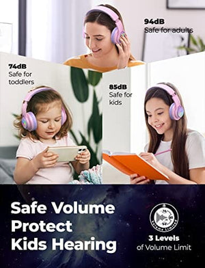 ترانس نوفا سماعات بلوتوث للأطفال iClever TransNova Kids Bluetooth Headphones, LED Lights Up, Replaceable Plate, 74/85/94dB Volume Limited, 45H Playtime, Stereo Sound, Kids Headphones Wireless with Case for Travel iPad Tablet, Pink