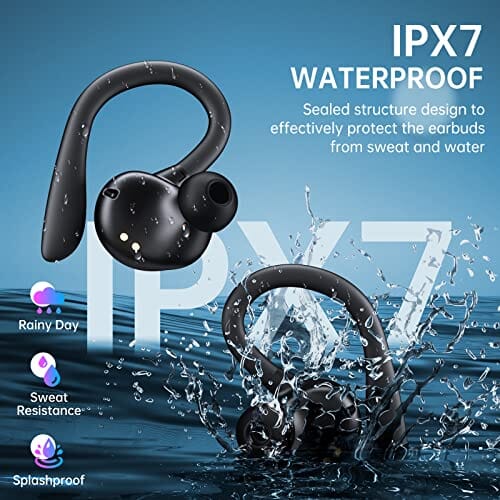 سماعات أذن مقاومة للماء NANSON Headphones Wireless Earbuds 60hrs Playback IPX7 Waterproof Earphones Over-Ear Stereo Bass Headset with Earhooks Microphone LED Battery Display for Sports/Workout/Gym/Running Black