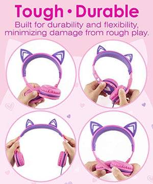 سماعات رأس للأطفال مع آذان قطط FosPower Kids Headphones with LED Cat Ears, 3.5mm On-Ear Wired Headset with Laced Cables for iPad/Smartphones/PC/Kindle/Tablet/Laptop/School (Max Volume 85dB) - Hot Pink/Purple