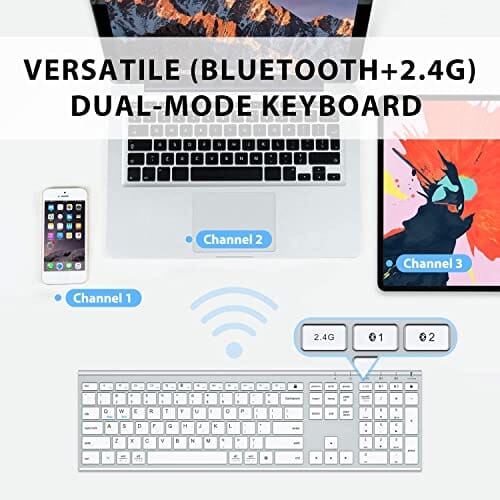 لوحة مفاتيح بلوتوث لاسلكية لوحة مفاتيح متعددة الأجهزة Bluetooth Keyboard, iClever DK03 Wireless Keyboard Multi-Device Keyboard, Dual Mode (Bluetooth 4.2 + 2.4G) Ultra-Slim Full-Size Keyboard for Mac, iPad, Apple, Android, Windows, Connect Up To 3 Devices