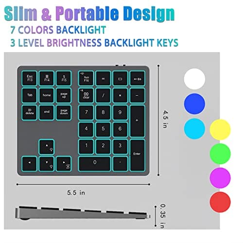 لوحة مفاتيح رقمية لاسلكية Bluetooth Number Pad, Aluminum Rechargeable Wireless Numeric Keypad with LED Backlight, Slim 34-Keys External Numpad Keyboard Data Entry Compatible for MacBook, MacBook Air/Pro, iMac Windows, Black