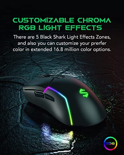 ماوس مريح للكمبيوتر Black Shark Gaming Mouse Wired, USB Computer Ergonomic Mouse with 7 Adjustable DPI Up to 10,000, 7 Programmable Buttons, 5 Modes RGB Backlight, Optical Gamer Mice for Windows PC Laptop Mac