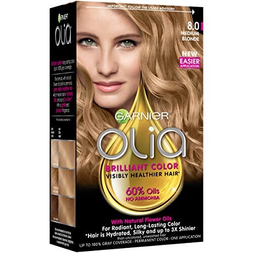 صبغة شعر دائمة خالية من الأمونيا من غارنييه أوليا Garnier Olia Ammonia Free Permanent Hair Color, 100% Gray Coverage (Packaging May Vary), 8.0 Medium Blonde, Pack of 1