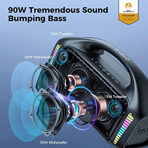 مكبر الصوت المحمول Tribit StormBox Blast Portable Speaker: 90W Loud Stereo Sound with XBass, IPX7 Waterproof Bluetooth Speaker with LED Light, PowerBank, Bluetooth 5.3&TWS, Custom EQ, 30H Playtime, Outdoor/Camping/Party