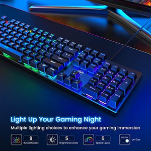 لوحة مفاتيح الألعاب الميكانيكية 104 مفتاح RisoPhy Mechanical Gaming Keyboard, RGB 104 Keys Ultra-Slim LED Backlit USB Wired Keyboard with Blue Switch, Durable ABS Keycaps/Anti-Ghosting/Spill-Resistant Mechanical Keyboard for PC Mac Xbox Gamer