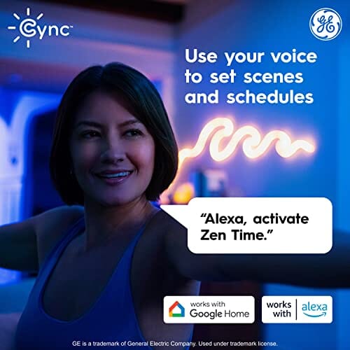 مصباح ذكي GE CYNC Dynamic Effects Smart LED Neon Shape Light, Full Color, 2.4GHz Wi-Fi, Compatible with Alexa and Google Home, 16 Foot