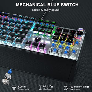 لوحة مفاتيح ميكانيكية للألعاب مفاتيح زرقاء اللون AULA F2088 Mechanical Gaming Keyboard, Clicky Blue Switches, LED Rainbow Backlit, Volume Controls, Removable Wrist Rest, Unique Cool Square Keycaps, Full Size Wired Keyboard for Windows/Mac/PC