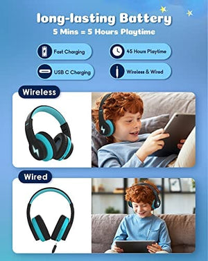 سماعات رأس بلوتوث للأطفال seenda Kids Bluetooth Headphones, Colorful Wireless Over Ear Headset with 85dB/94dB Volume Limited, 45H Playtime, 3 Lighting Modes, Built-in Mic Headphones for Boys Girls iPad Tablet School Blue