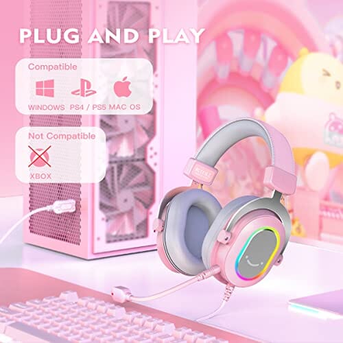 سماعة رأس سلكية USB مع ميكروفون FIFINE PC Gaming Headset, USB Wired Headset with Microphone, 7.1 Surround Sound, in-Line Control, Computer RGB Over-Ear Headphones for PS4/PS5, for Streaming/Game Voice/Video-AmpliGame H6 (Pink)
