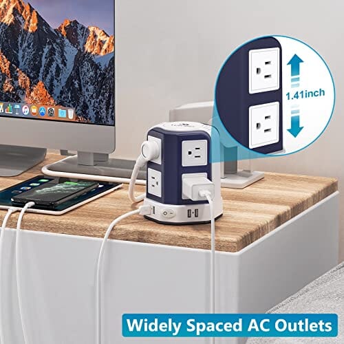 محطة شحن مكتبية ذات قابس مسطح  Tower Surge Protector Power Strip 10 FT Cord with USB Ports, HAFINO Extension Cord with Multiple Outlets, 8 Outlets with 4 USB Ports, Flat Plug Desk Charging Station, Home Office Dorm Room Essentials