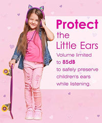 سماعات رأس للأطفال مع آذان قطط FosPower Kids Headphones with LED Cat Ears, 3.5mm On-Ear Wired Headset with Laced Cables for iPad/Smartphones/PC/Kindle/Tablet/Laptop/School (Max Volume 85dB) - Hot Pink/Purple