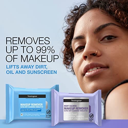 مناديل تنظيف الوجه ليلاً ونهارًا من نيوتروجينا Neutrogena Day & Night Facial Cleansing Wipes, Makeup Remover Face Cleansing Towelettes & Night Calming Facial Cloths, 100% Plant Based Fibers Wipe Away Dirt & Oil, 3 Packs of 25 ct, 75 ct