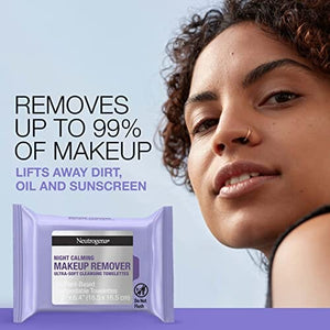 مناديل مبللة لإزالة مكياج الوجه من نيوتروجينا Neutrogena Night Calming Makeup Remover Face Wipes, Nighttime Cleansing Facial Towelettes Remove Sweat, Dirt & Waterproof Makeup & Calms Skin, Hypoallergenic, 100% Plant Based Cloth, 25 ct