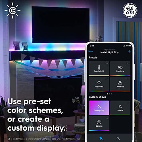 شريط إضاءة داخلي GE Lighting CYNC Dynamic Effects LED Smart Indoor Light Strip Extension for Full Color Light Strip & Power Supply (Sold Separately), Bluetooth and Wi-Fi Enabled, 8 Foot