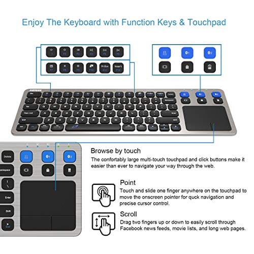 لوحة مفاتيح عالمية لاسلكية تعمل باللمس وبلوتوث Arteck Universal 2.4G Wireless and Bluetooth Touch TV Keyboard Multi-Device with Easy Media Control and Build-in Touchpad Wireless Keyboard for Smart TV, TV Box, TV-Connected Computer, Mac, HTPC