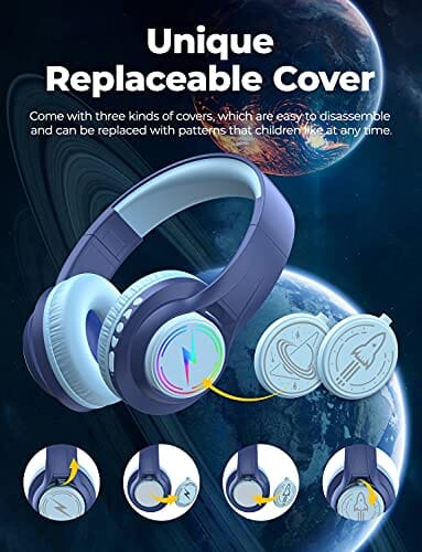 ترانس نوفا سماعات بلوتوث للأطفال iClever TransNova Kids Bluetooth Headphones, LED Lights Up, Replaceable Plate, 74/85/94dB Volume Limited, 45H Playtime, Stereo Sound, Kids Headphones Wireless with Case for Travel iPad Tablet, Blue