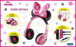 سماعات رأس بلوتوث للأطفال ميني ماوس من إي كيدز eKids Minnie Mouse Kids Bluetooth Headphones, Wireless Headphones with Microphone Includes Aux Cord, Volume Reduced Kids Foldable Headphones for School, Home, or Travel, Pink