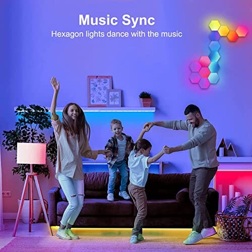 لوحات إضاءة سداسية الأضلاع Hicsezvy Hexagon Light Panels,RGB Hexagon Lights DIY Modular Wall Lights with Remote,Smart App Control,Music Sync,Timing Function,16 Million Colors,LED Hex Gaming Lights for Bedroom Bar Decor,7 Pack