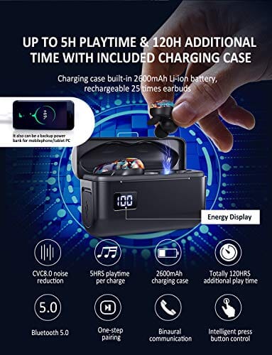 سماعات أذن لاسلكية مقاومة للماء AMINY U-King True Wireless Earbuds Waterproof IPX7 Bluetooth Earbuds Wireless Headphones Bluetooth Headphones,HiFi 5.0 Wireless Earbuds 120Hrs Playing Time with Charging Case-Fireworks