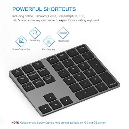 لوحة مفاتيح رقمية لاسلكية قابلة لإعادة الشحن Bluetooth Number Pad, Lekvey Aluminum Rechargeable Wireless Numeric Keypad Slim 34-Keys External Numpad Keyboard Data Entry Compatible for Macbook, MacBook Air/Pro, iMac Windows Laptop Surface Pro etc