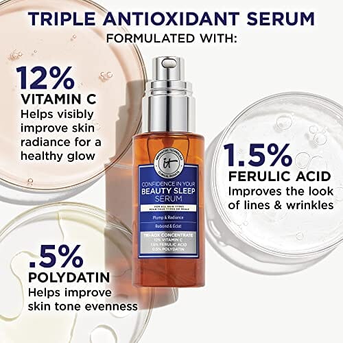 مصل تفتيح ثلاثي مضاد للأكسدة - ترطيب لمدة 24 ساعة  IT Cosmetics Confidence in Your Beauty Sleep Triple Antioxidant Brightening Serum – 24HR Hydration – Anti-Aging – 12% Vitamin C Serum - Fragrance Free – All Skin Types, 1.0 fl. Oz