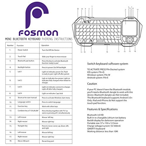 لوحة مفاتيح بلوتوث صغيرة Fosmon Mini Bluetooth Keyboard (QWERTY Keypad), Wireless Portable Lightweight with Built-In Touchpad, Compatible with Apple TV, PS4, HTPC/IPTVVR Glasses, Smartphones and more