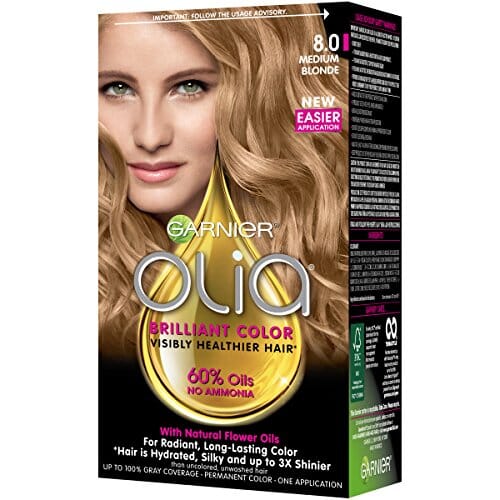 صبغة شعر دائمة خالية من الأمونيا من غارنييه أوليا Garnier Olia Ammonia Free Permanent Hair Color, 100% Gray Coverage (Packaging May Vary), 8.0 Medium Blonde, Pack of 1