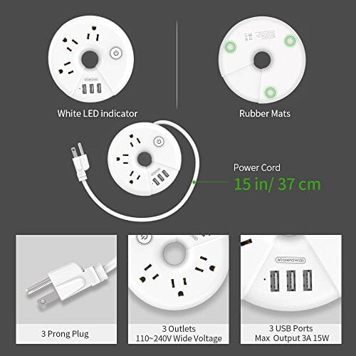 محطة شحن سطح المكتب المحمولة Travel Power Strip, NTONPOWER 3 Outlets 3 USB Portable Desktop Charging Station Short Extension Cord 15 inches for Office, Home, Hotels, Cruise Ship, Nightstand, White