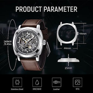 ساعات بينيار الاتوماتيكية للرجال Benyar Automatic Watches for Men | Skeleton Mechanical Leather Strap Mens Watch | 45mm Dial | 30M Waterproof | Men's Stylish Gift