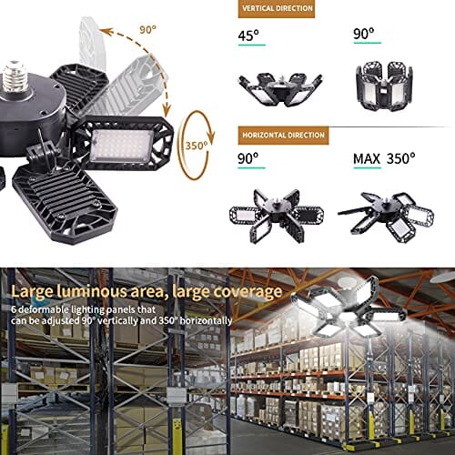 مصباح سقف Rufbjkd LED Garage Light, 200W LED Shop Light, Super Bright Deformable LED Garage Ceiling Light with 6 Adjustable Panels, Ideal for Workshop/Attic/Barn/Basement (2 Pack)